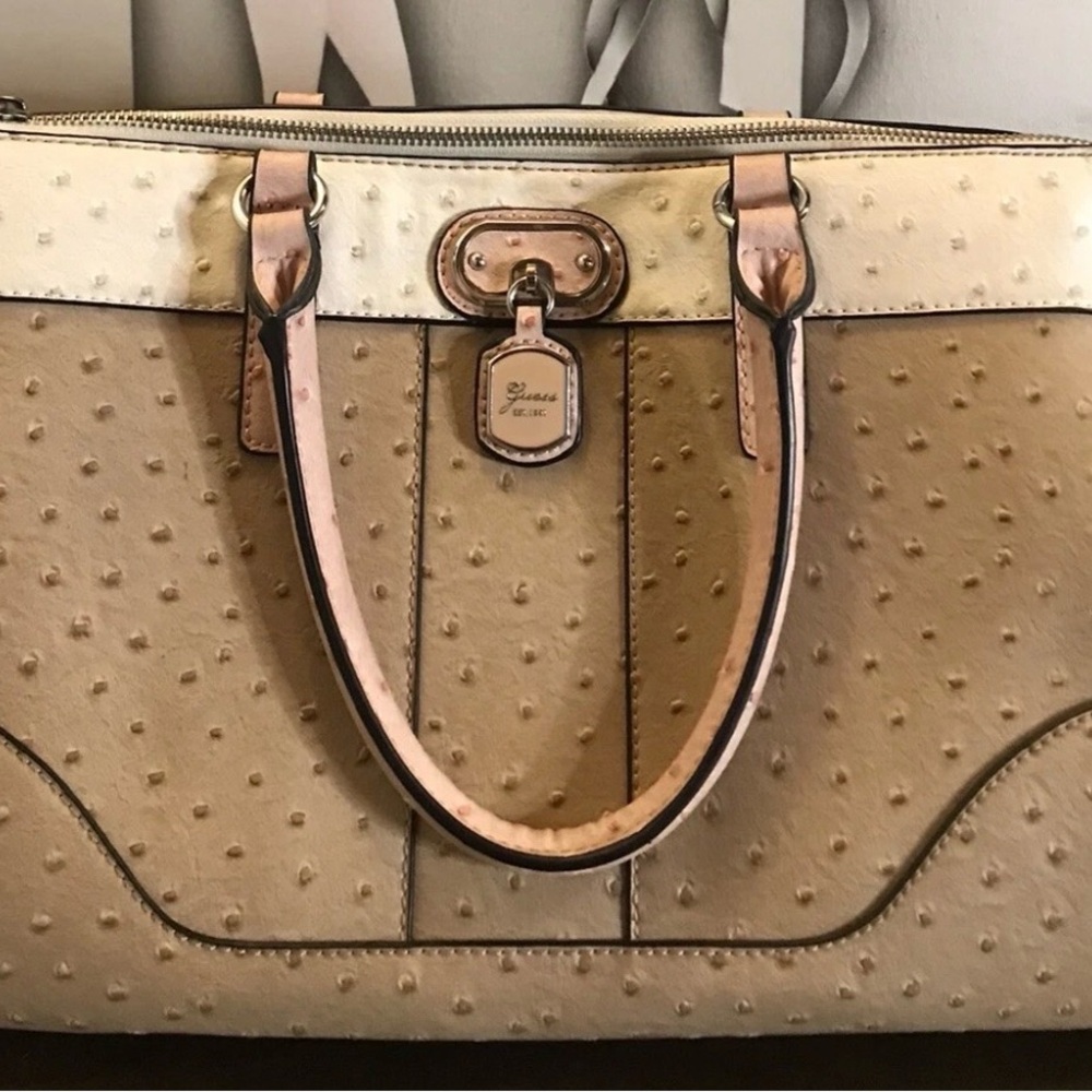 Guess Los Angeles Tan/Pink Ostrich hand bag